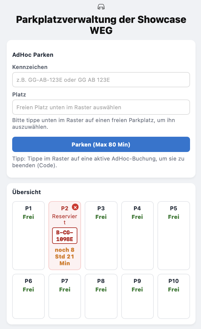 Screenshot: AdHoc-Parken ohne Tabs, erreichbar per QR-Code