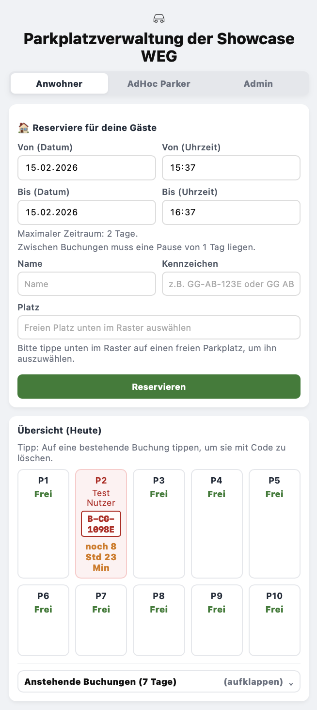 Screenshot: Anwohner-Ansicht mit Reservierung und Parkplatzübersicht